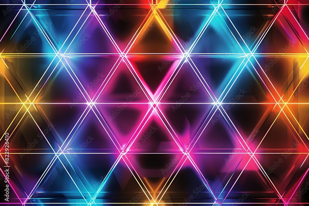 Poster create a seamless, repeating pattern of glowing neon triangles in bright, saturated colors, suitable