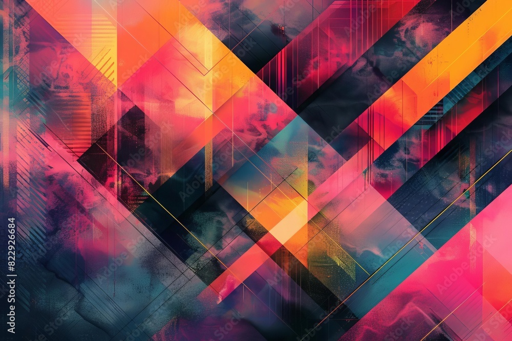 Poster create a seamless looping animation of a geometric shapes and patterns in a vibrant color scheme, wi