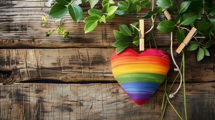 Rainbow heart shape pillow on clothespin hanging on branch with fresh leaves over rustic wood board
