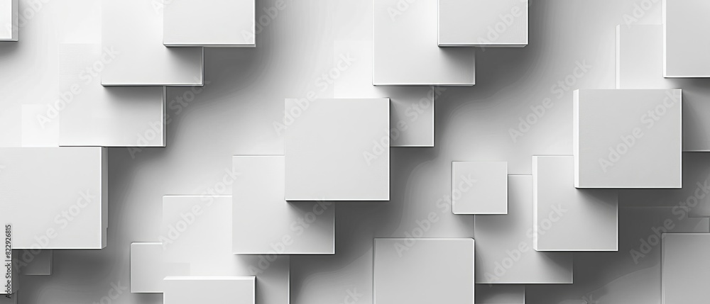 Poster create a 3d rendering of a white wall with randomly placed white boxes. the boxes should be of diffe