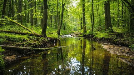 Peaceful stream in a beautiful forest, with the water reflecting the surrounding trees and greenery. A perfect blend of simplicity and natural beauty.