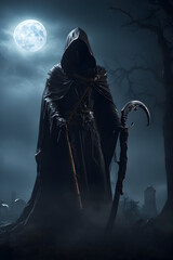 Naklejka premium Halloween hauntingly dark and moody black hooded figure, creepy and macabre halloween scary hooded ghost poster with glowing pumpkins