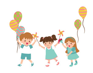 Children celebrating holiday with balloons in hand vector cartoon