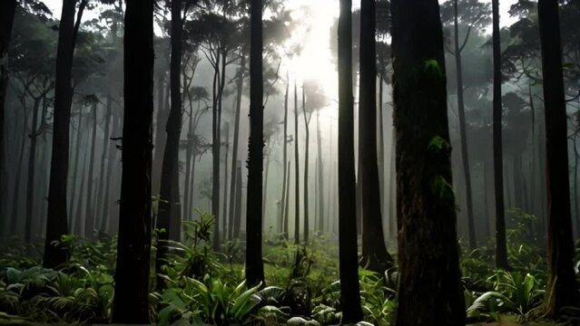 a view of a dense forest with a little sunlight starting to enter the forest