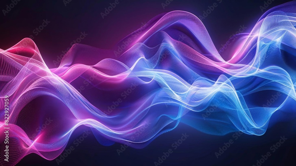 Poster Create a seamless looping animation of glowing blue and purple neon light waves flowing and undulating against a black background