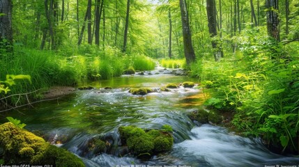 Serene forest stream with crystal-clear water and lush green surroundings, creating a beautiful and simple natural landscape.