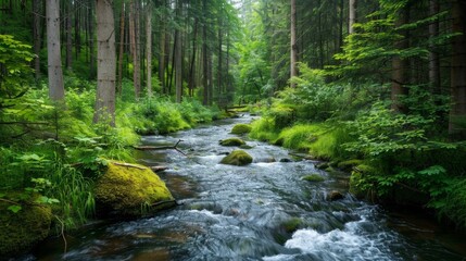 Fototapeta premium Serene forest stream with crystal-clear water and lush green surroundings, creating a beautiful and simple natural landscape.