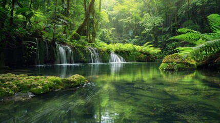 Serene forest stream with crystal-clear water and lush green surroundings, creating a beautiful and...