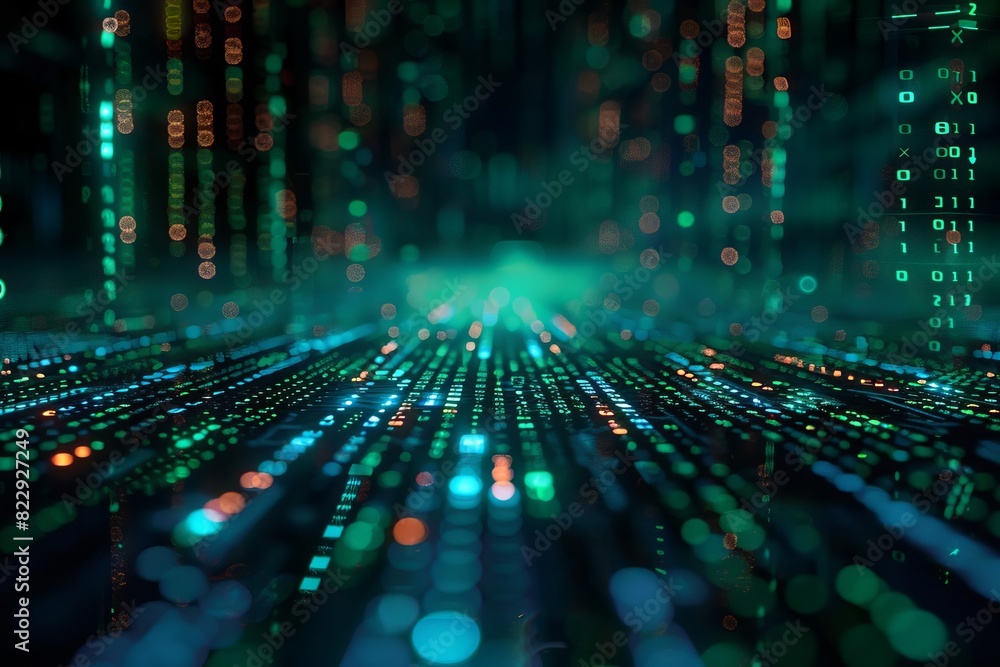 Poster binary code flowing in a digital cyberspace. green and blue lights representing data. futuristic tec