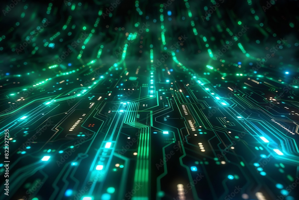 Poster an abstract representation of a circuit board, with glowing green and blue lines and dots. the image