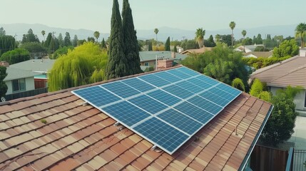Solar panel setup by Asian engineers on a suburban home rooftop