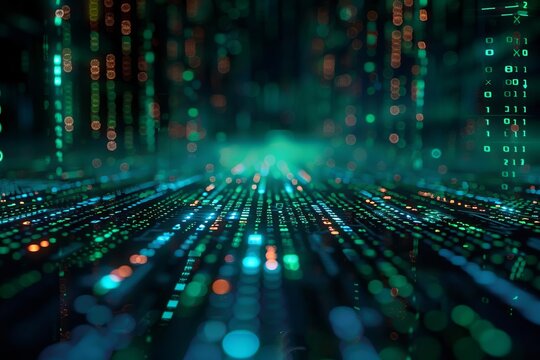 Binary code flowing in a digital cyberspace. Green and blue lights representing data. Futuristic technology background.