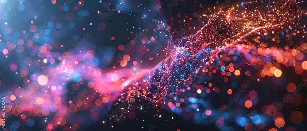 Poster create a seamless looping animation of glowing blue and red particles flowing and swirling in a mesm