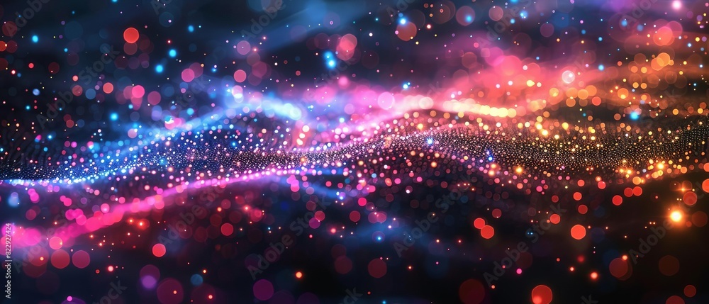 Poster create a 3d animation of a wave of glowing particles. the particles should be brightly colored and t