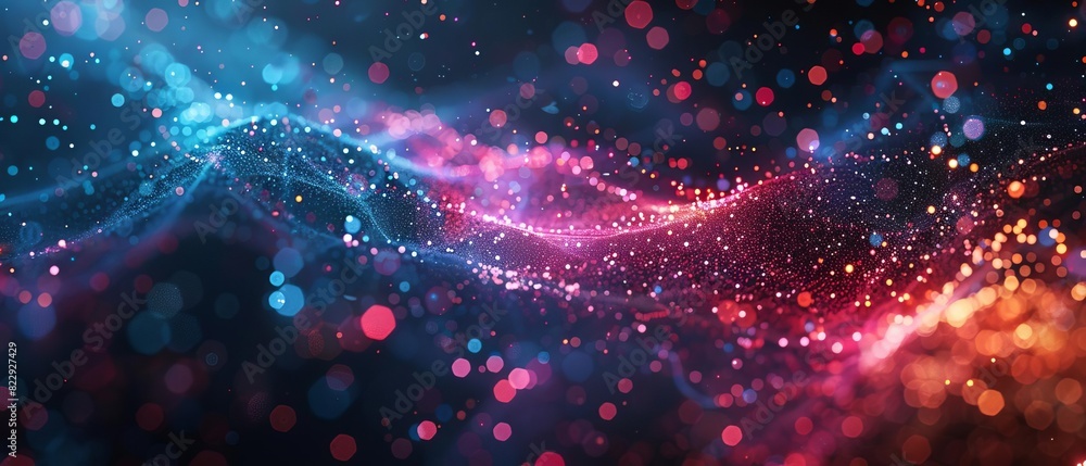 Poster create a seamless looping animation of glowing blue and pink particles flowing and swirling against 