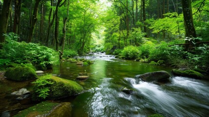 Tranquil forest stream with clear, flowing water and verdant surroundings,