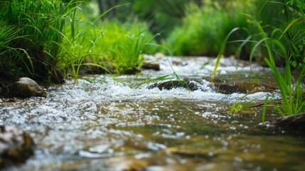 Tranquil forest stream with clear, flowing water and verdant surroundings,