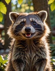 Obraz premium Enchanting Wildlife Haven: Captivating Raccoon Residence in Sunlit Garden