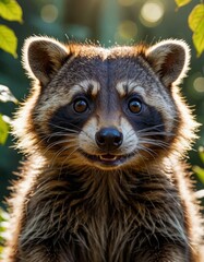 Obraz premium Enchanting Wildlife Haven: Captivating Raccoon Residence in Sunlit Garden