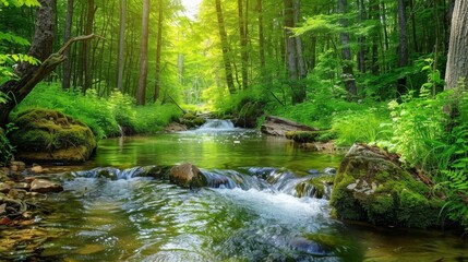 Tranquil forest stream with clear, flowing water and verdant surroundings,