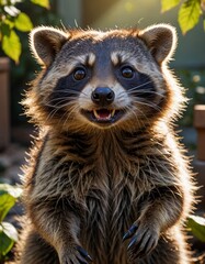 Obraz premium Enchanting Wildlife Haven: Captivating Raccoon Residence in Sunlit Garden