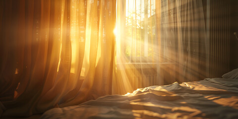 Bright morning sun in the open window through the curtains, A vibrant sunrise with the sun rays shining through a window in a bedroom.
