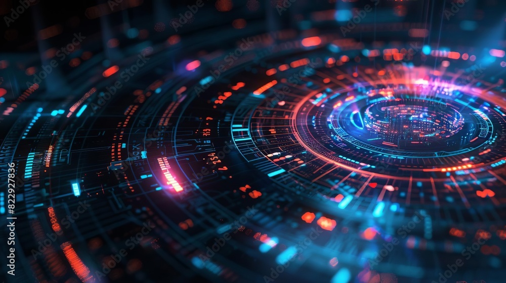 Poster generate a photo of a circuit board with red and blue lights. the circuit board should be in focus a