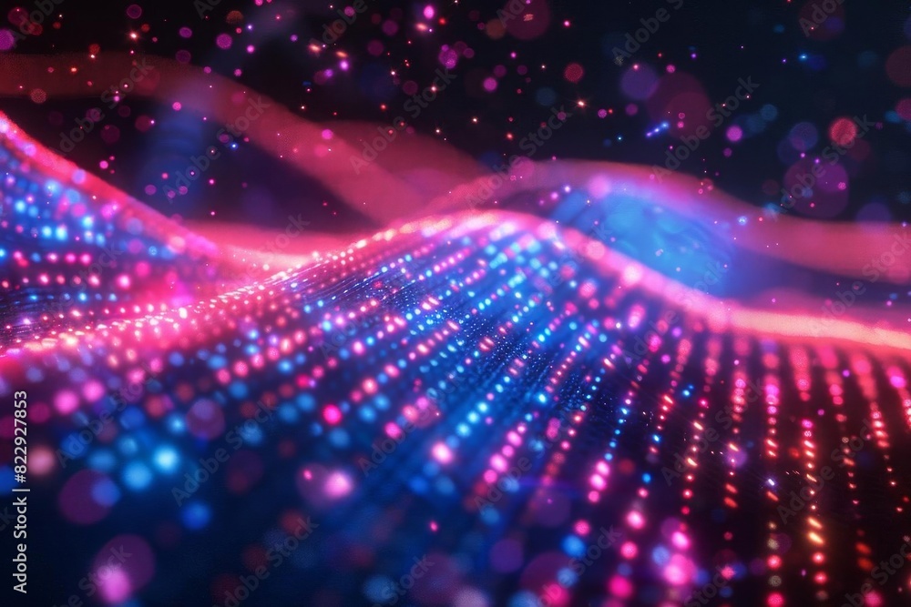 Poster create a seamless looping animation of a glowing blue and pink particle wave with a glowing white ou