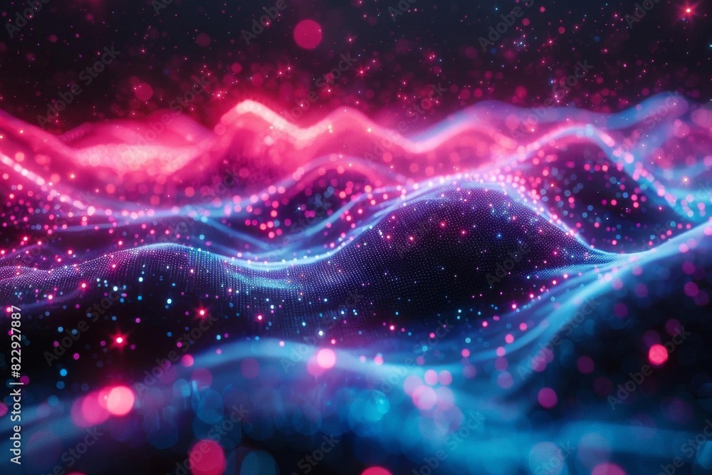 Poster Create a seamless looping animation of a glowing blue and pink particle wave with a dark background. The wave should be gently undulating and the particles should be twinkling.
