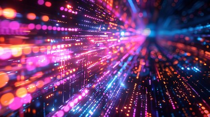 Obraz premium Create an abstract background image with glowing particles in shades of blue and purple. The particles should appear to be moving in a dynamic and energetic fashion.