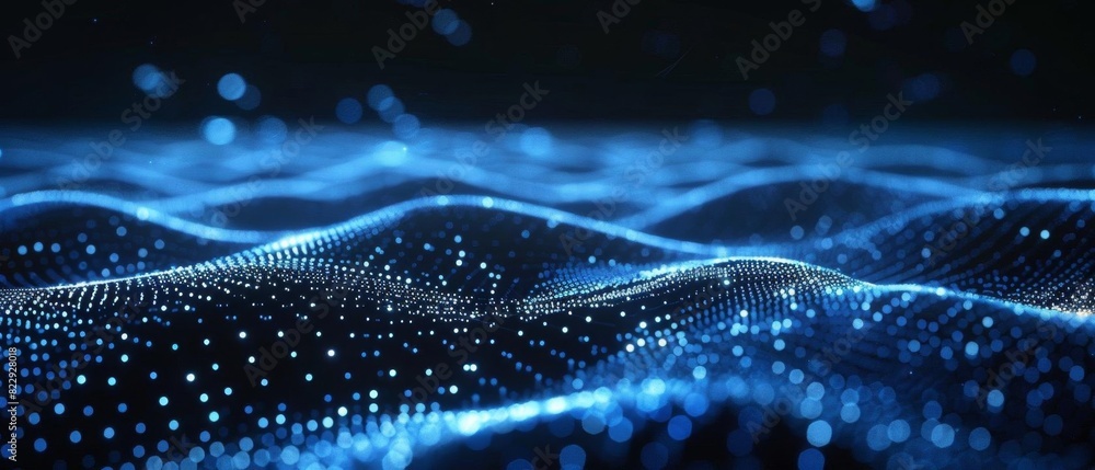 Poster Create a 3D animation of a glowing blue wave with a dark background. Make the wave look like it is flowing and glowing.