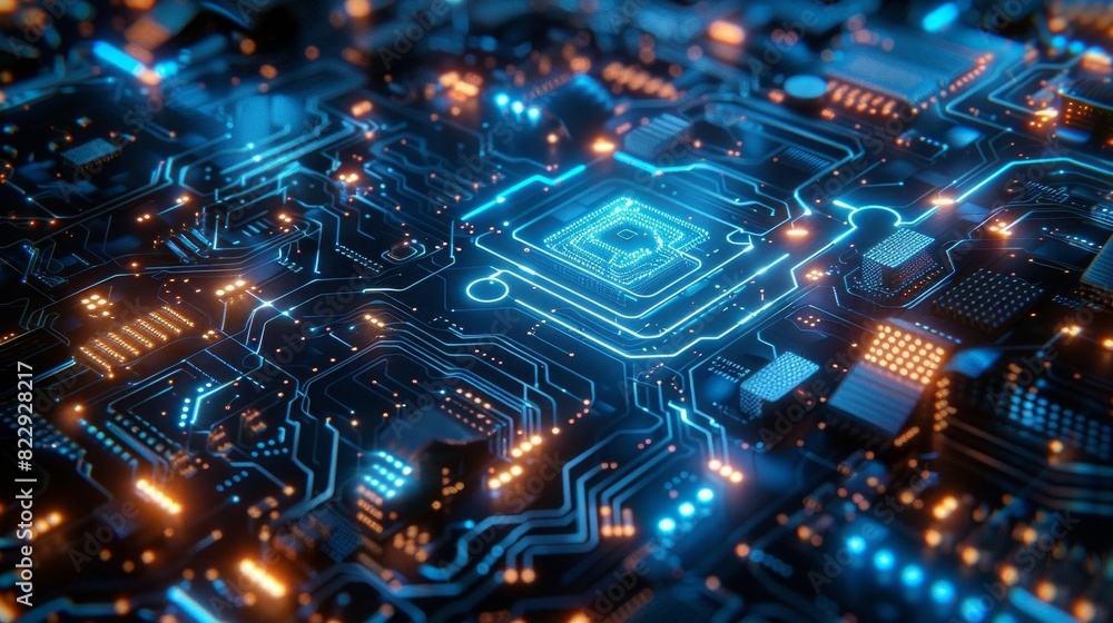 Poster a close-up of a computer chip with glowing blue and orange lights. the chip is surrounded by a compl