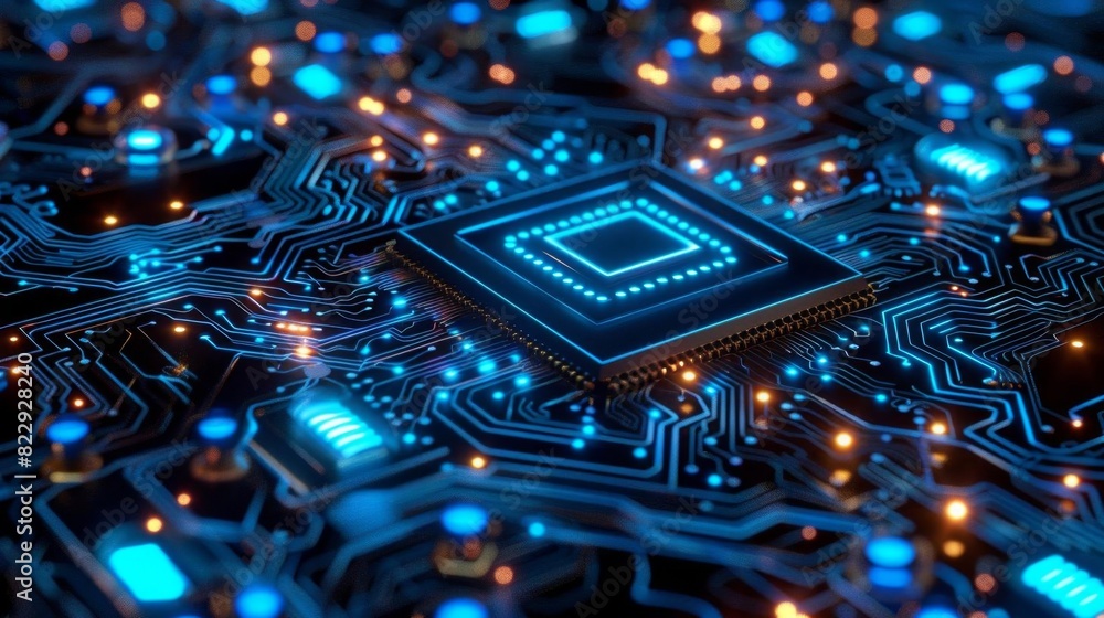 Poster an illustration of a computer chip with glowing blue and yellow lights. the chip is the central proc