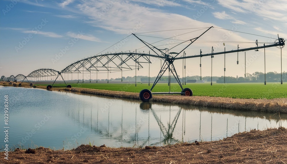 Wall mural landscape with the river, field in the summer, irrigation system in the field, system in the field, 