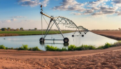 landscape with the river, field in the summer, irrigation system in the field, system in the field, Pond system and large farmland with center pivot irrigation water energy-efficient at rural Fairland