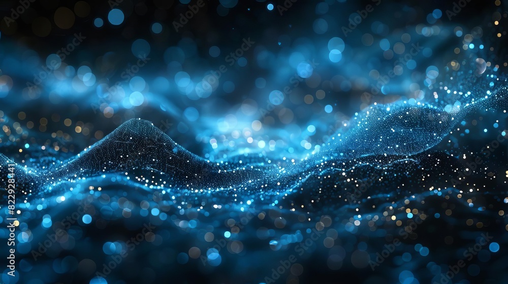 Poster Create a 3D rendering of a blue and black particle field with a glowing, liquid-like quality
