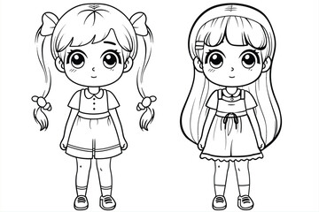 coloring pages with cute girls characters, happy girls characters set. Black and white vector illustration of children's activity coloring book pages with pictures of Character girls.