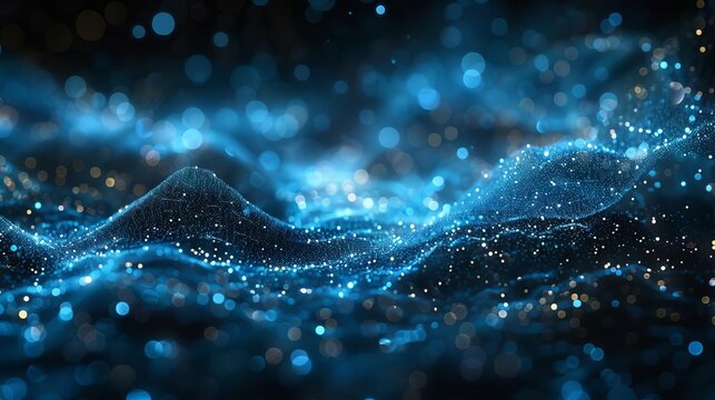 Create a 3D rendering of a blue and black particle field with a glowing, liquid-like quality