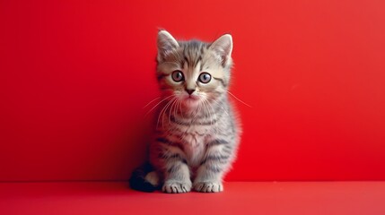 Short legged scottish fold kitten on a bright red background