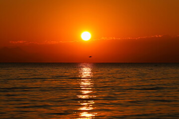 夕暮れの逗子海岸、伊豆半島に沈む夕陽