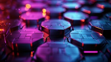 Hexagonal metal tiles with glowing pink and blue lights.