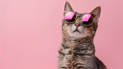 shorthair cat wearing sunglasses on pink background