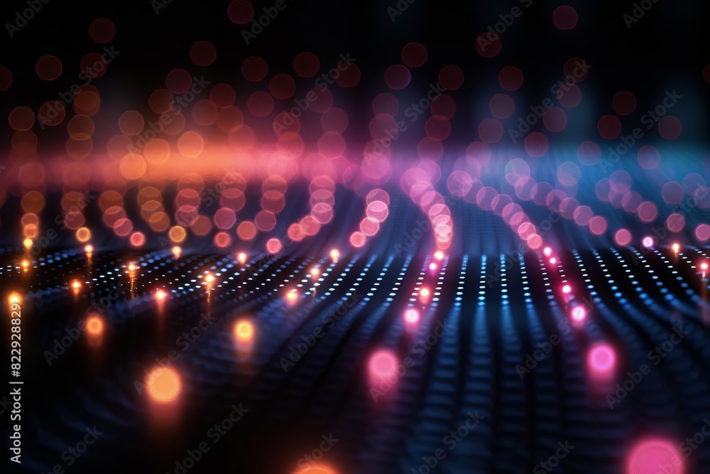 Poster a grid of glowing pink and orange lights on a dark blue background. the lights are arranged in a gri