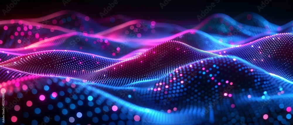 Poster create a seamless looping animation of a glowing blue and pink digital landscape with a subtle paral