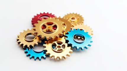 Collaborative business workflow automation: close-up of interlocking cogwheels on a white background representing teamwork and efficient business processes

