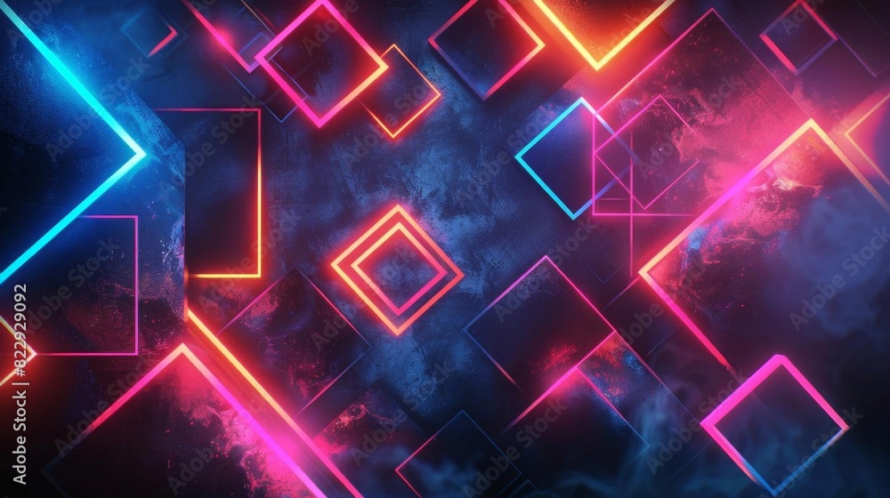 Poster create a seamless, 1920x1080 abstract background image featuring glowing neon geometric shapes in a 