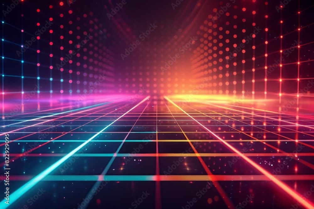 Poster create a retro futurism image with bright glowing neon lights in a dark background