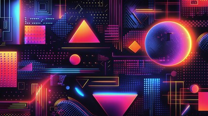Create a modern geometric abstract artwork with vibrant colors and a retro futurism style.