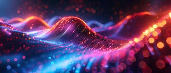 Fototapeta premium Create a seamless looping animation of a glowing neon pink and blue mountain range, with glowing particle fireflies