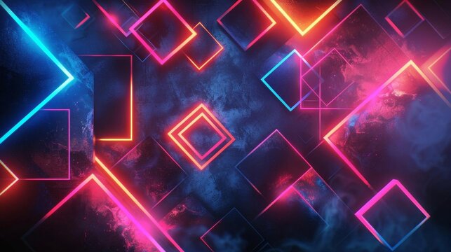 Create a seamless, 1920x1080 abstract background image featuring glowing neon geometric shapes in a dark void